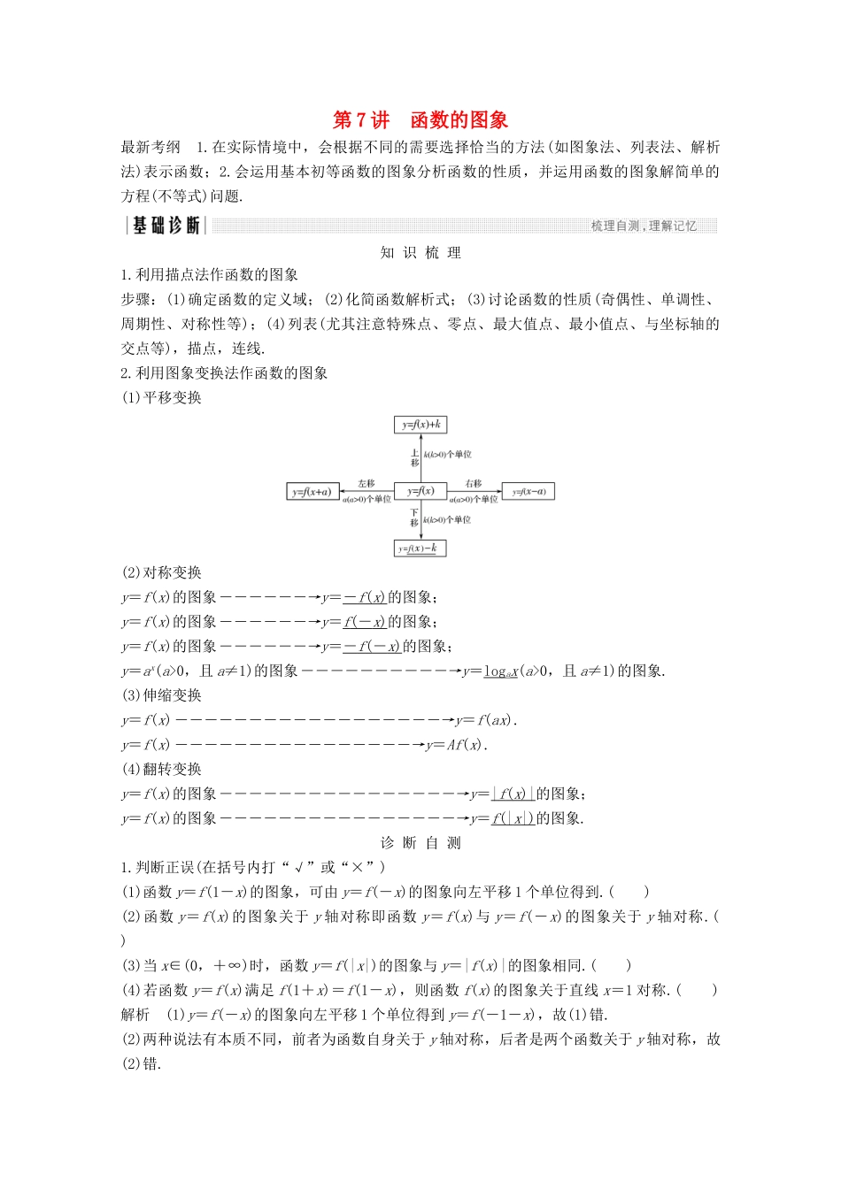 （浙江专用）高考数学总复习 第二章 函数概念与基本初等函数1 第7讲 函数的图象学案-人教版高三全册数学学案_第1页