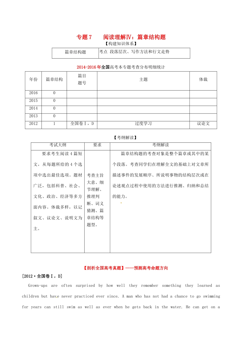 （讲练测）高考英语二轮复习 专题07 阅读理解Ⅳ：篇章结构题（讲）（含解析）-人教版高三全册英语学案_第1页
