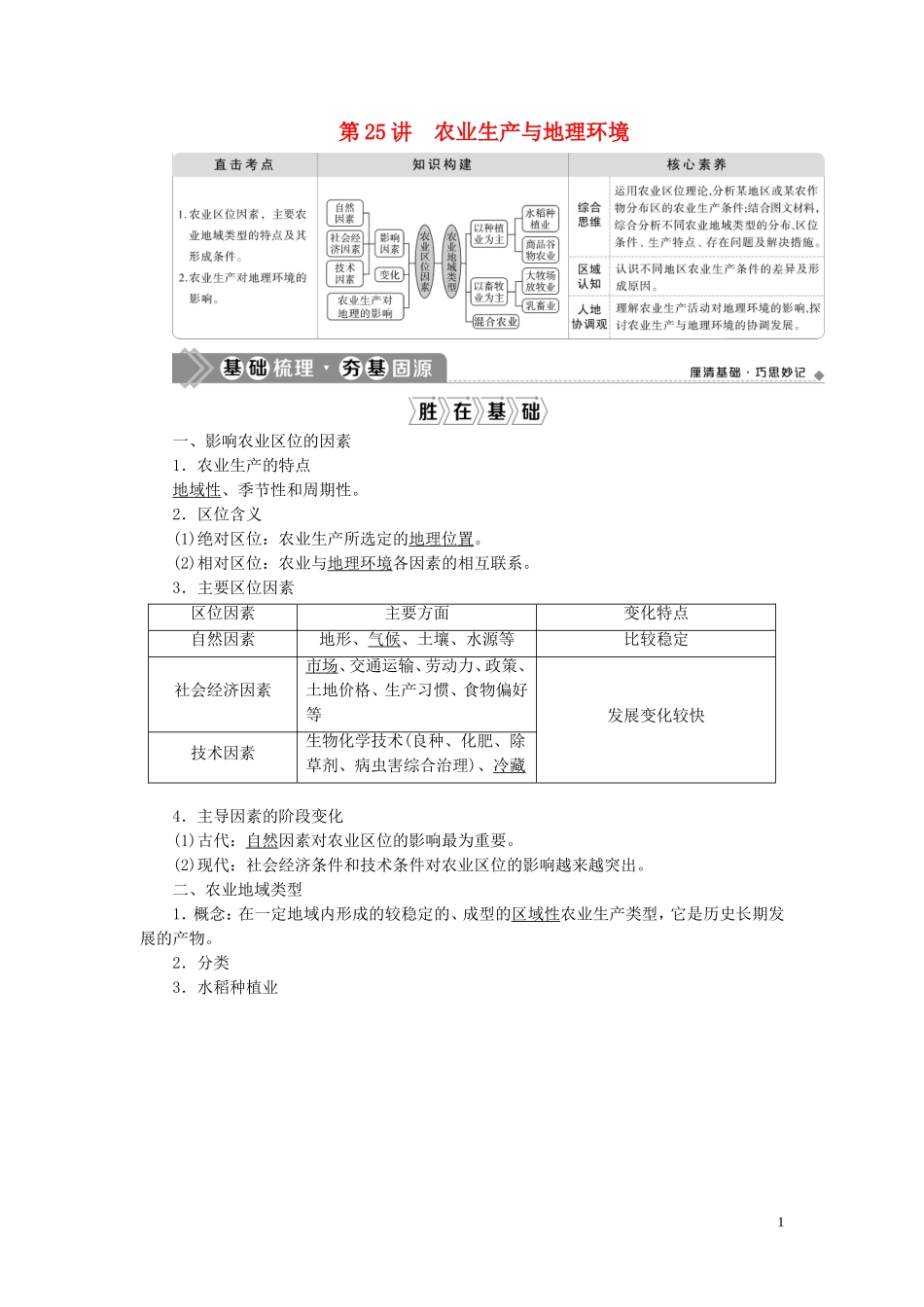 （选考）新高考地理一轮复习 第八单元 产业活动与地理环境 第25讲 农业生产与地理环境教学案 鲁教版-鲁教版高三全册地理教学案_第1页
