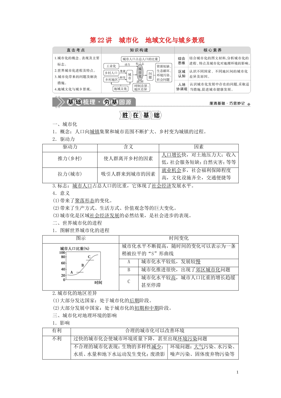 （选考）新高考地理一轮复习 第八章 乡村与城镇 第22讲 城市化 地域文化与城乡景观教学案 新人教版-新人教版高三全册地理教学案_第1页