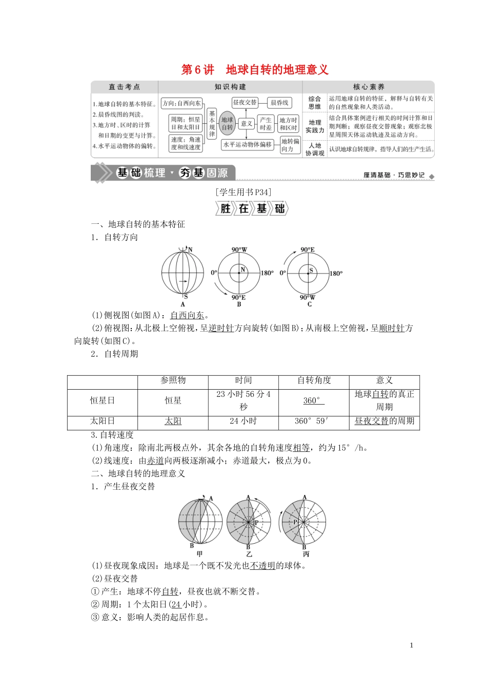 （选考）新高考地理一轮复习 第二单元 从宇宙看地球 第6讲 地球自转的地理意义教学案 鲁教版-鲁教版高三全册地理教学案_第1页
