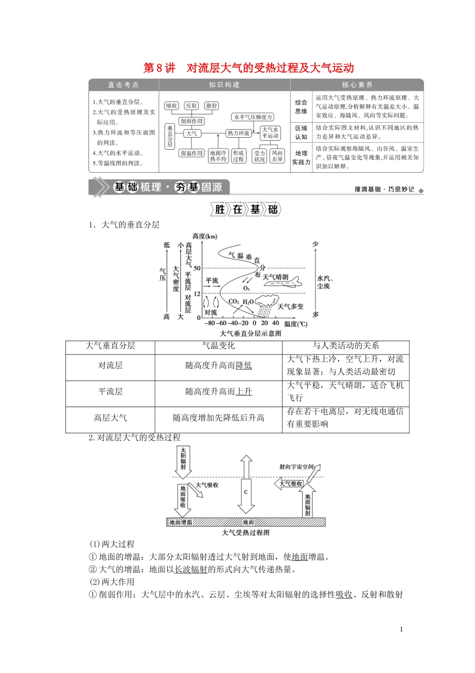 （选考）新高考地理一轮复习 第二章 自然环境中的物质运动和能量交换 第8讲 对流层大气的受热过程及大气运动教学案 湘教版-湘教版高三全册地理教学案_第1页