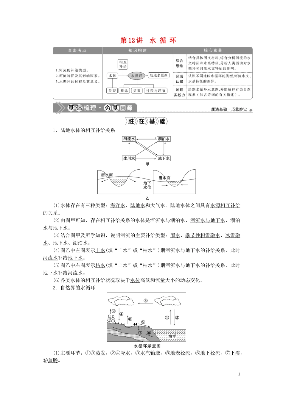 （选考）新高考地理一轮复习 第二章 自然环境中的物质运动和能量交换 第12讲 水循环教学案 湘教版-湘教版高三全册地理教学案_第1页