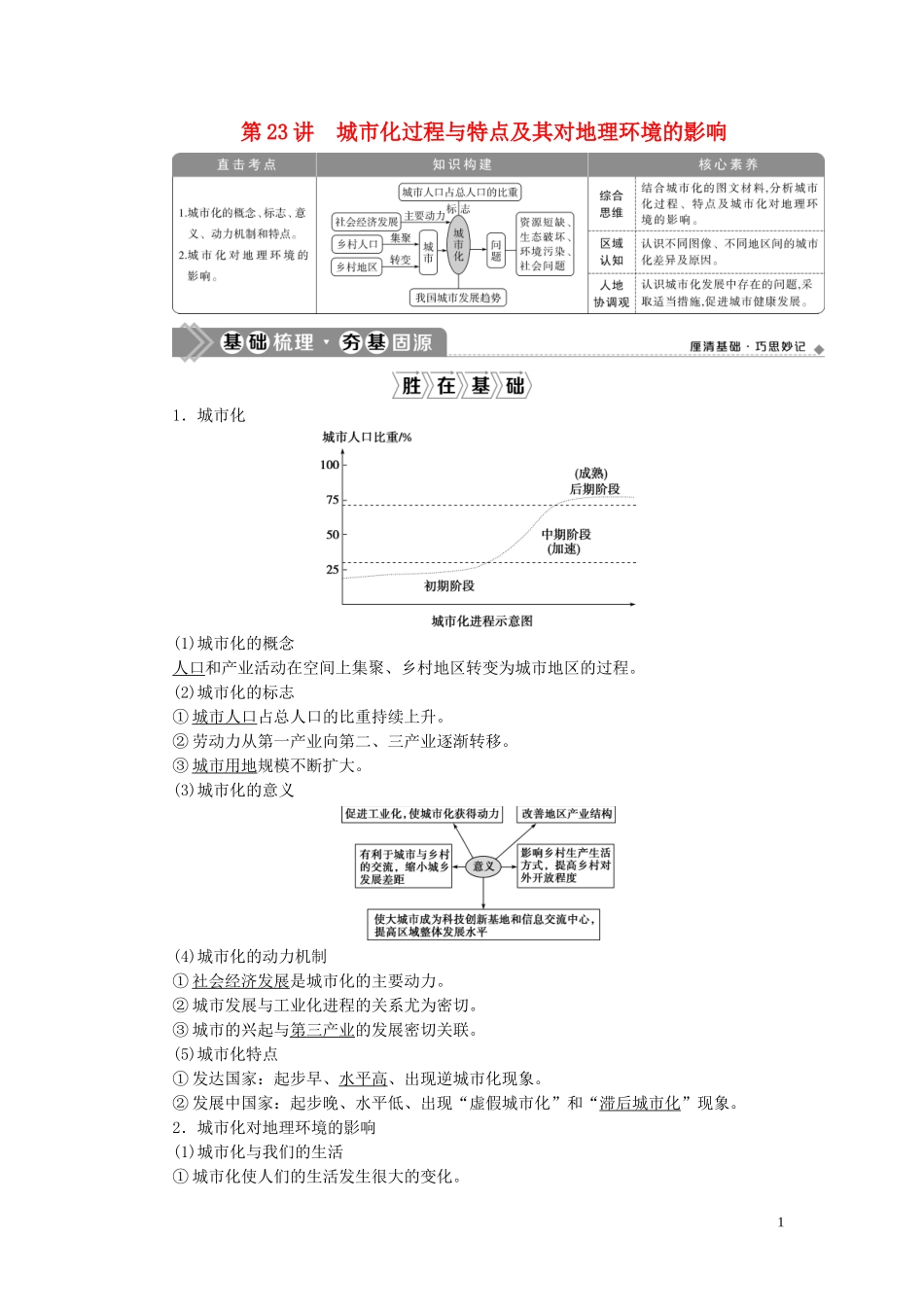（选考）新高考地理一轮复习 第六章 城市与环境 第23讲 城市化过程与特点及其对地理环境的影响教学案 湘教版-湘教版高三全册地理教学案_第1页