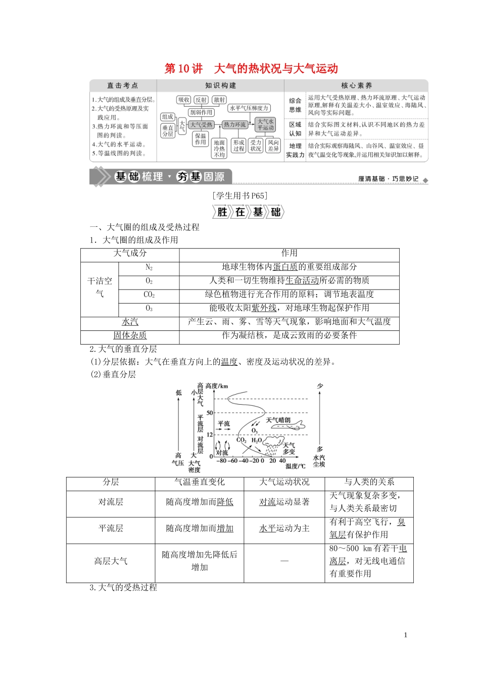 （选考）新高考地理一轮复习 第三单元 从地球圈层看地理环境 第10讲 大气的热状况与大气运动教学案 鲁教版-鲁教版高三全册地理教学案_第1页