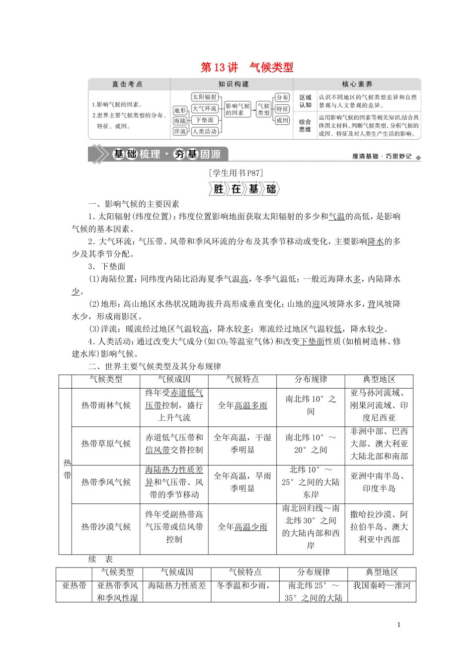 （选考）新高考地理一轮复习 第三单元 从地球圈层看地理环境 第13讲 气候类型教学案 鲁教版-鲁教版高三全册地理教学案_第1页