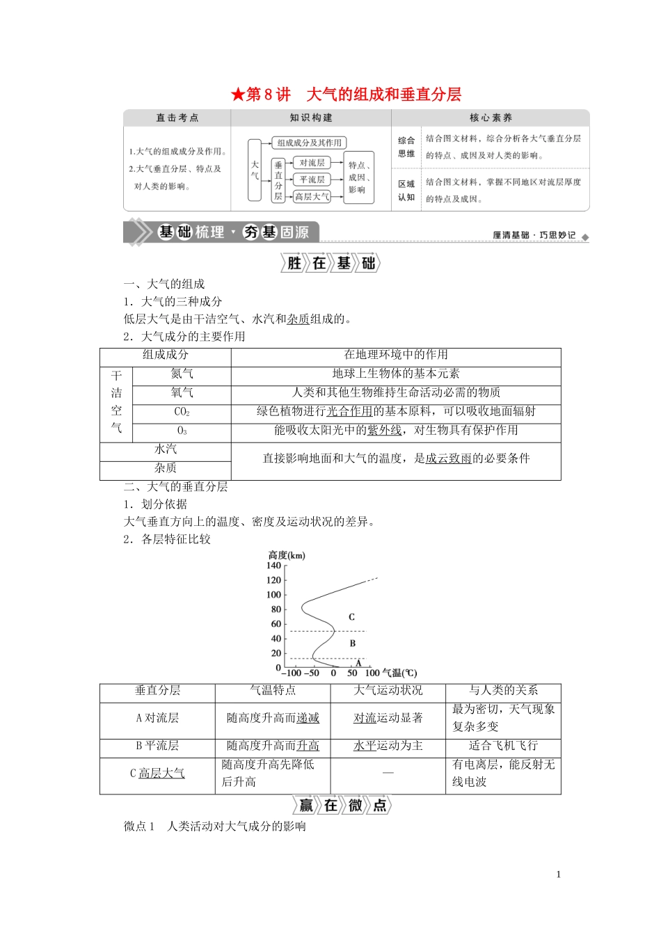 （选考）新高考地理一轮复习 第三章 地球上的大气 第8讲 大气的组成和垂直分层教学案 新人教版-新人教版高三全册地理教学案_第1页