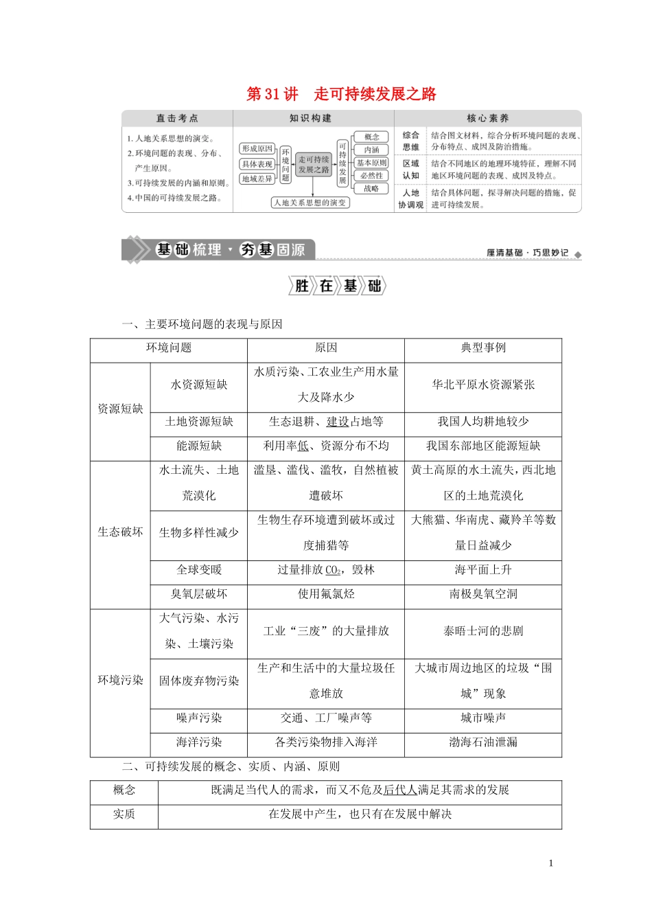 （选考）新高考地理一轮复习 第十一单元 走可持续发展之路 第31讲 走可持续发展之路教学案 鲁教版-鲁教版高三全册地理教学案_第1页