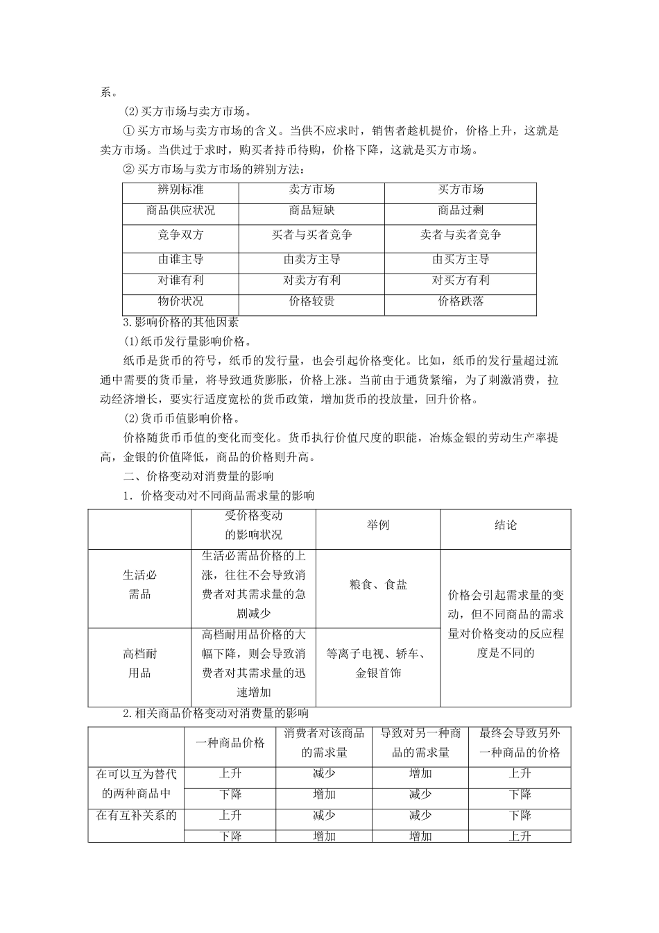（课堂设计）2013-2014高中政治 第二课 多变的价格本课总结学案 新人教版必修1_第2页