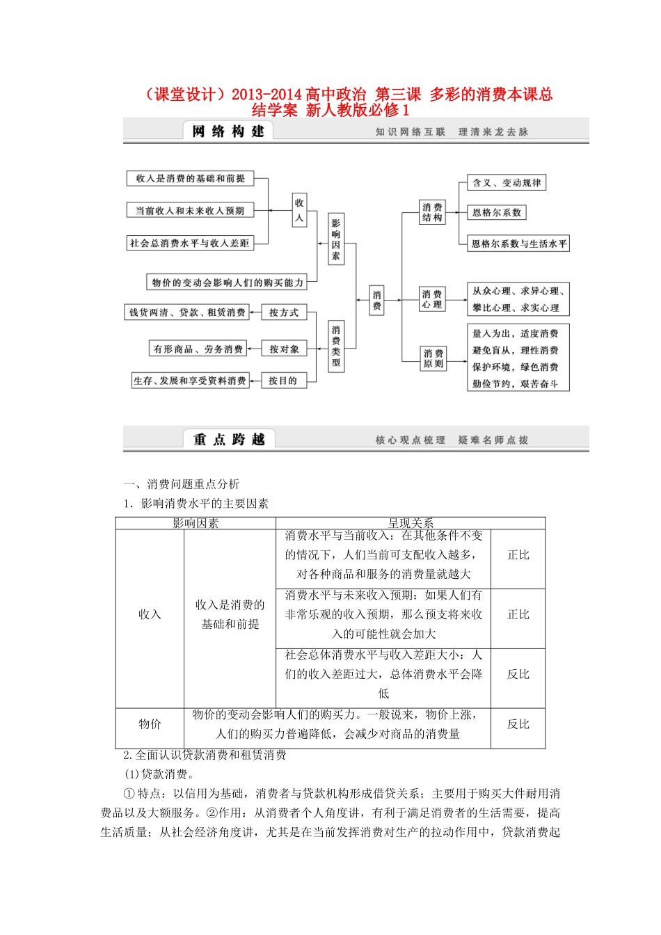 （课堂设计）2013-2014高中政治 第三课 多彩的消费本课总结学案 新人教版必修1_第1页
