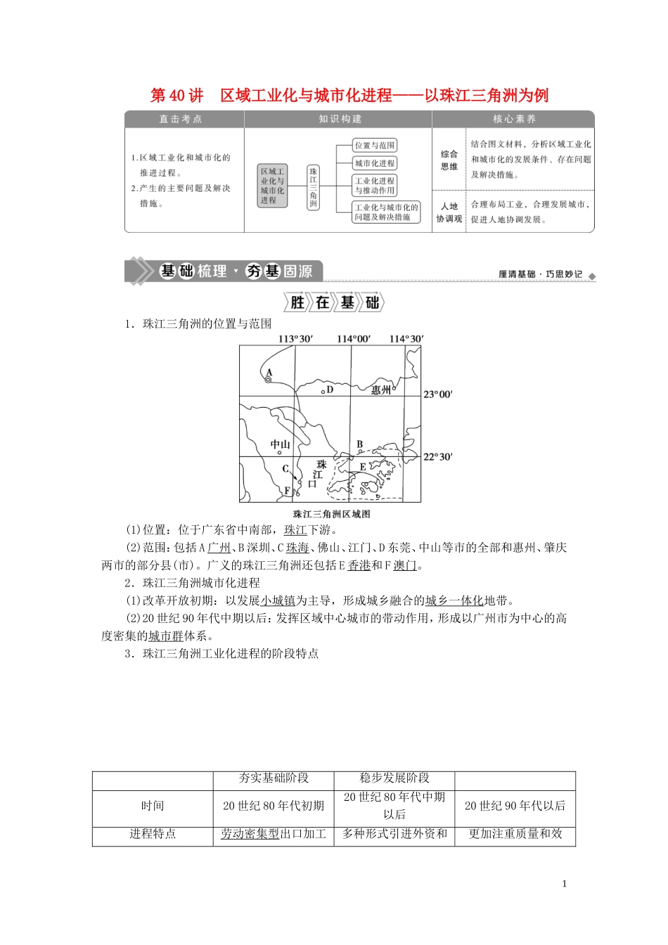 （选考）新高考地理一轮复习 第十章 区域可持续发展 第40讲 区域工业化与城市化进程——以珠江三角洲为例教学案 湘教版-湘教版高三全册地理教学案_第1页
