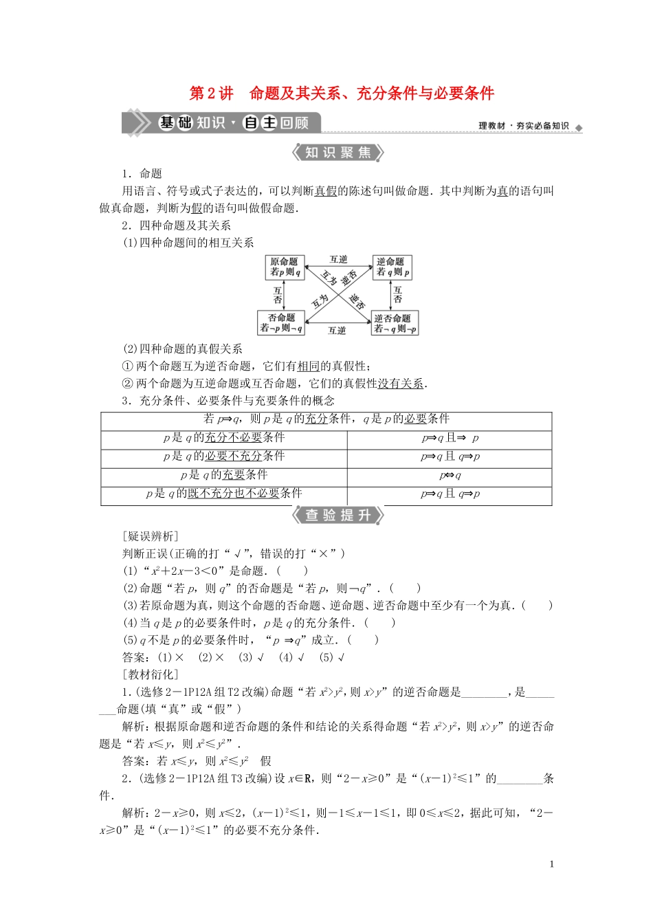 （浙江专用）新高考数学一轮复习 第一章 集合与常用逻辑用语 2 第2讲 命题及其关系、充分条件与必要条件教学案-人教版高三全册数学教学案_第1页