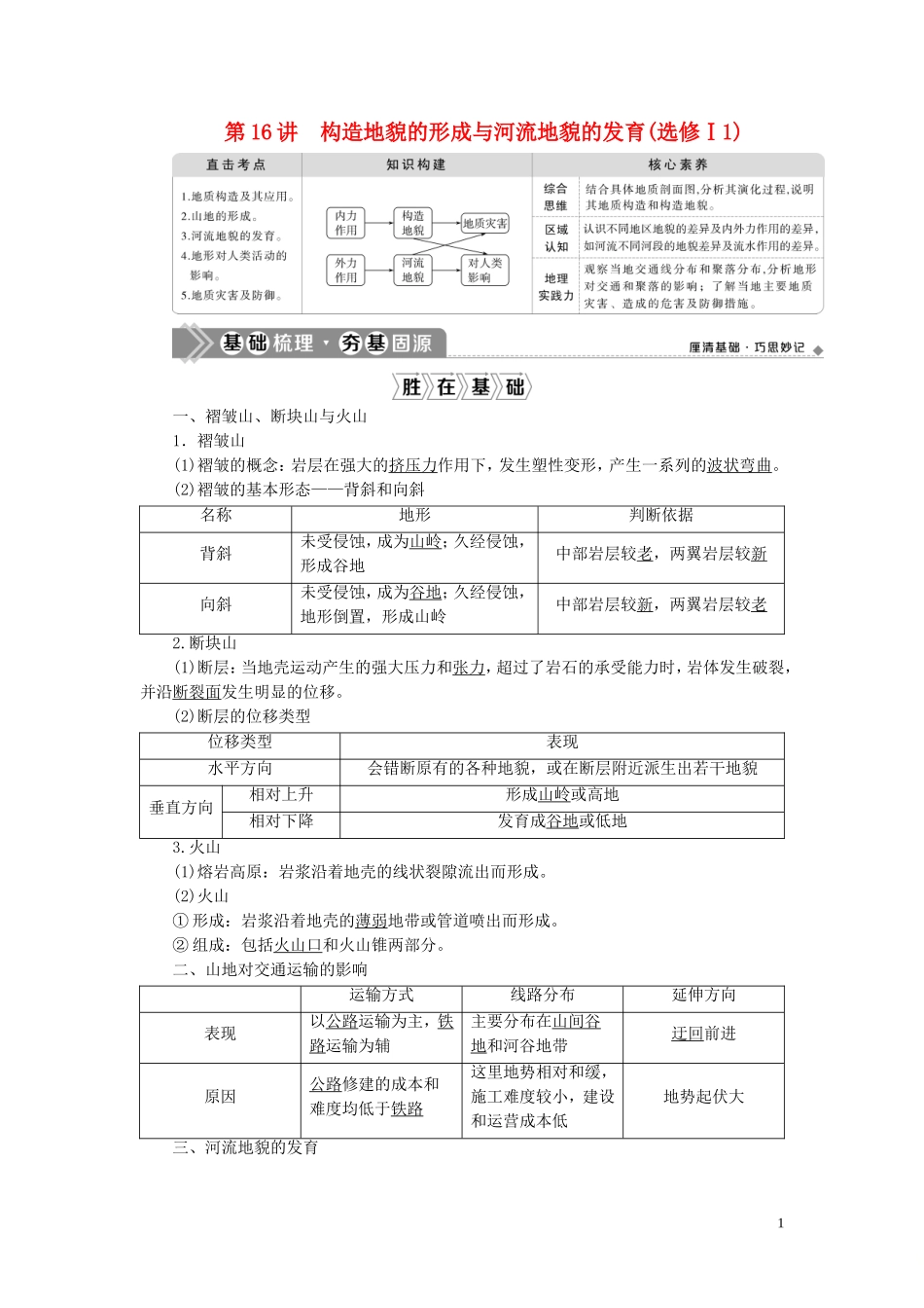 （选考）新高考地理一轮复习 第五章 地貌 第16讲 构造地貌的形成与河流地貌的发育教学案 新人教版-新人教版高三全册地理教学案_第1页