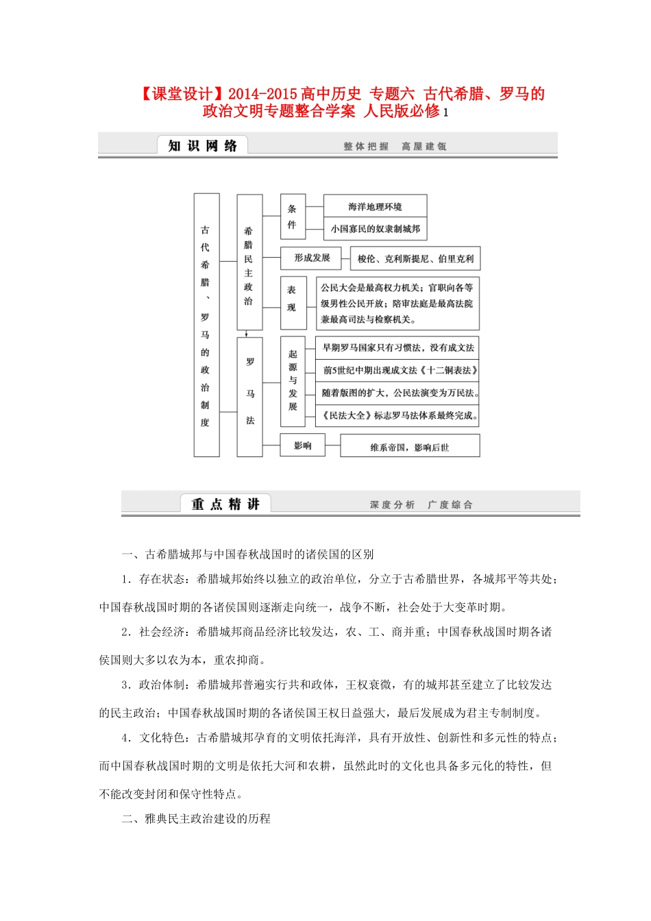 （课堂设计）2014-2015高中历史 专题六 古代希腊、罗马的政治文明专题整合学案 人民版必修1_第1页