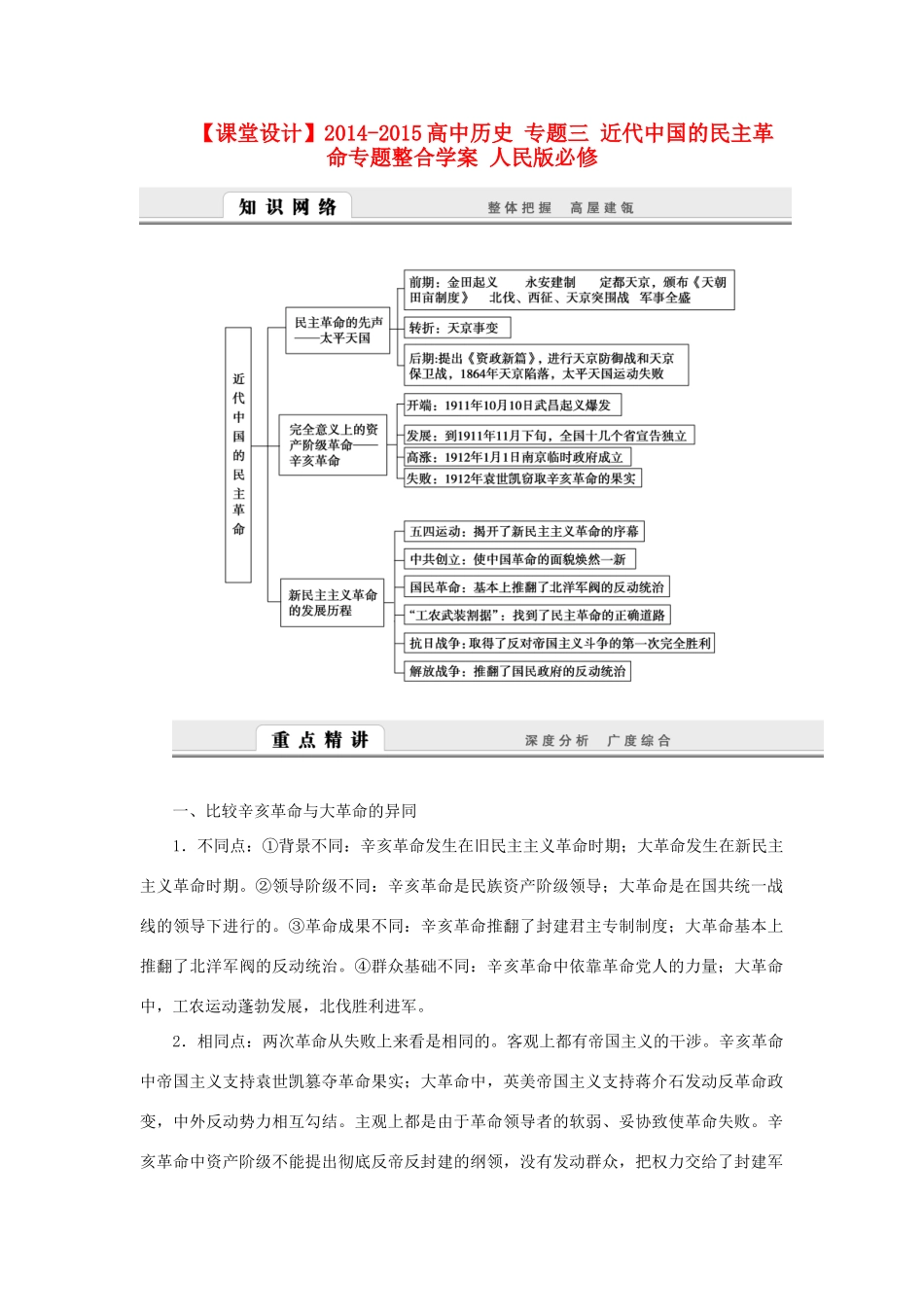 （课堂设计）2014-2015高中历史 专题三 近代中国的民主革命专题整合学案 人民版必修1_第1页