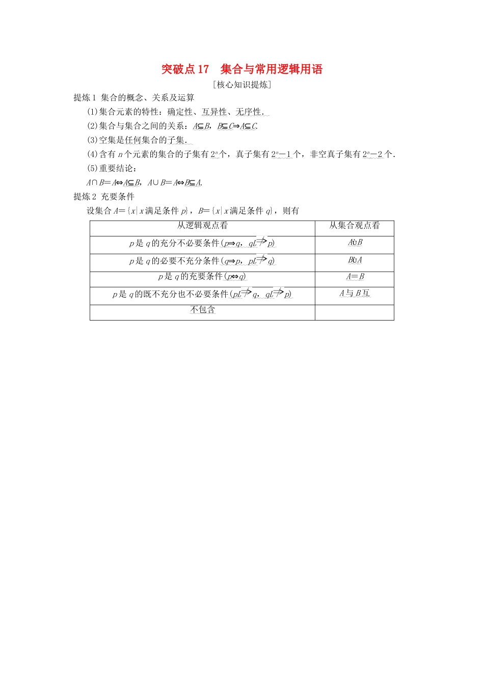 （浙江专版）高考数学 第2部分 必考补充专题 突破点17 集合与常用逻辑用语教学案-人教版高三全册数学教学案_第1页