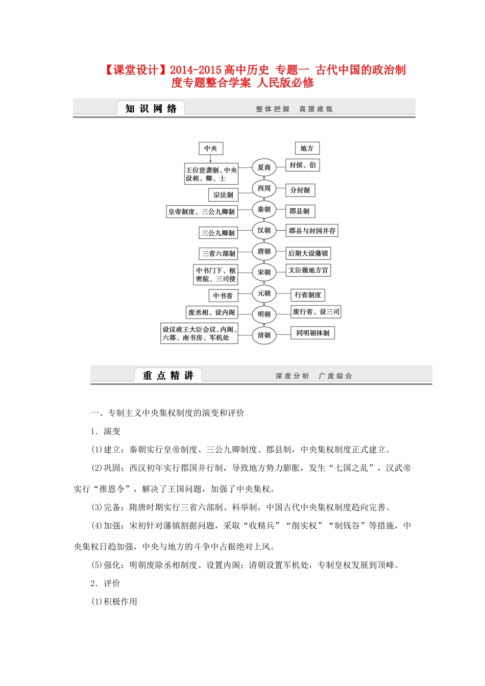 （课堂设计）2014-2015高中历史 专题一 古代中国的政治制度专题整合学案 人民版必修1_第1页