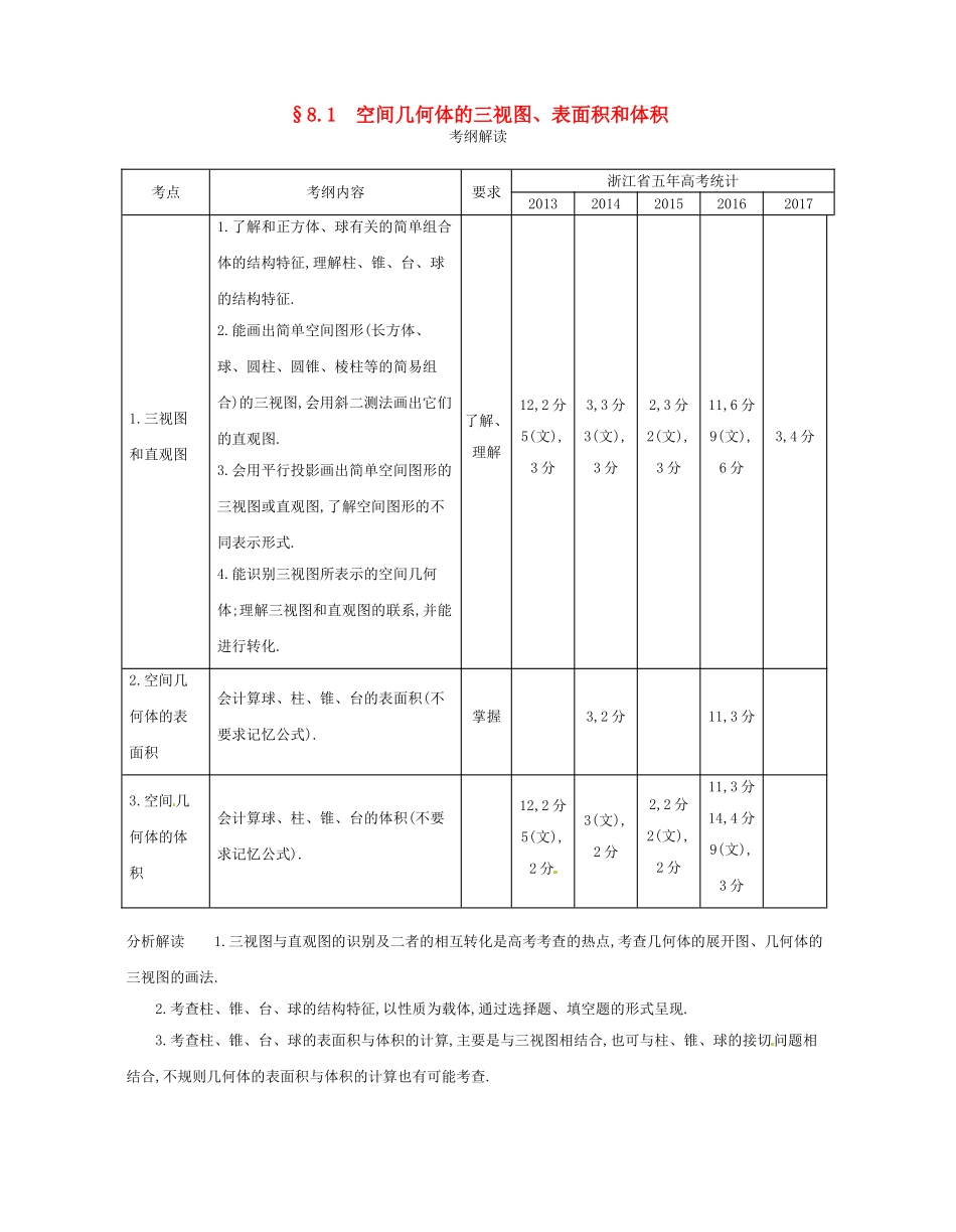 （浙江专版）高考数学一轮复习 第八章 立体几何 8.1 空间几何体的三视图 表面积和体积学案-人教版高三全册数学学案_第1页