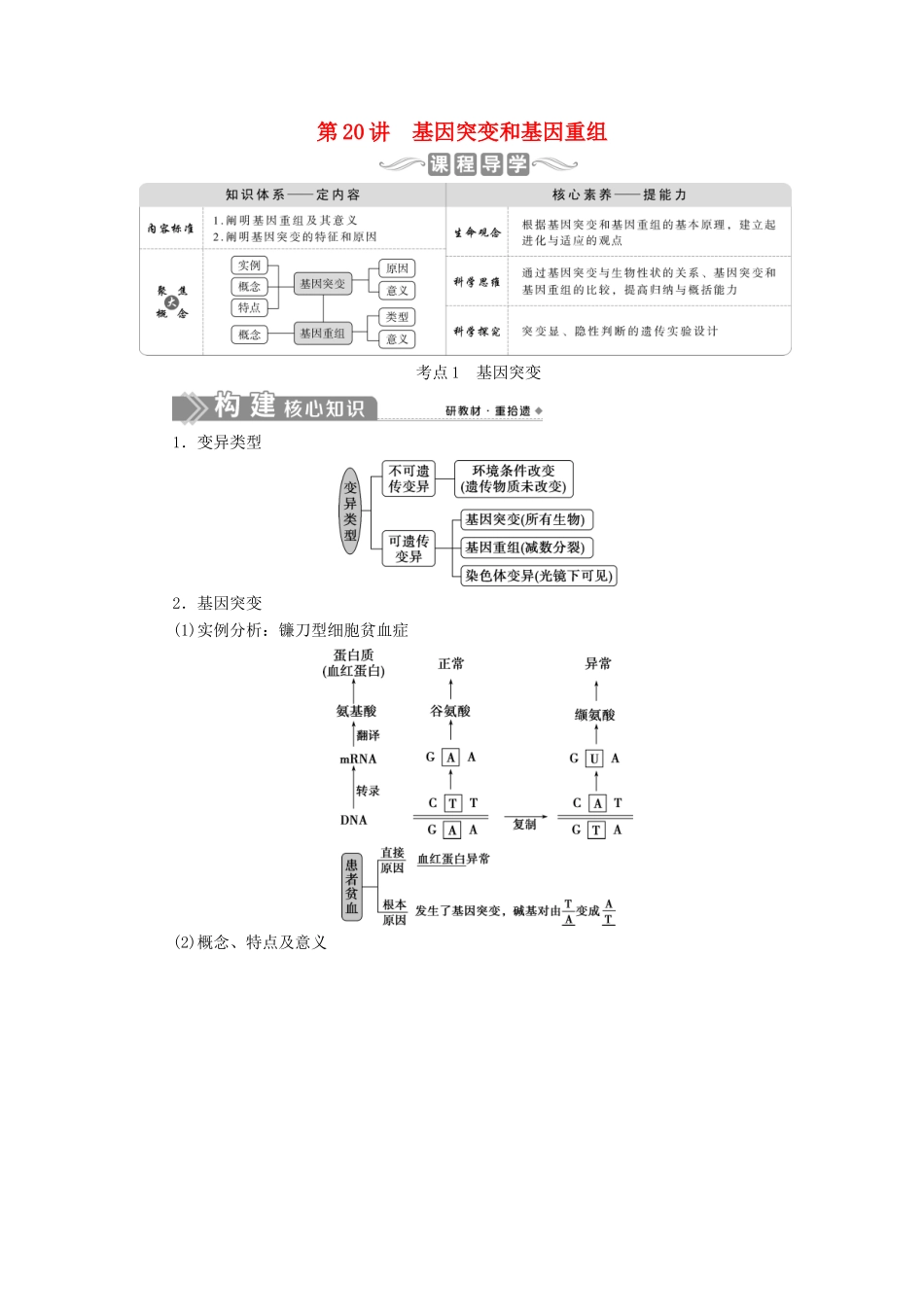 （选考）新高考生物一轮复习 第七单元 生物的变异和进化 第20讲 基因突变和基因重组学案 新人教版-新人教版高三全册生物学案_第1页