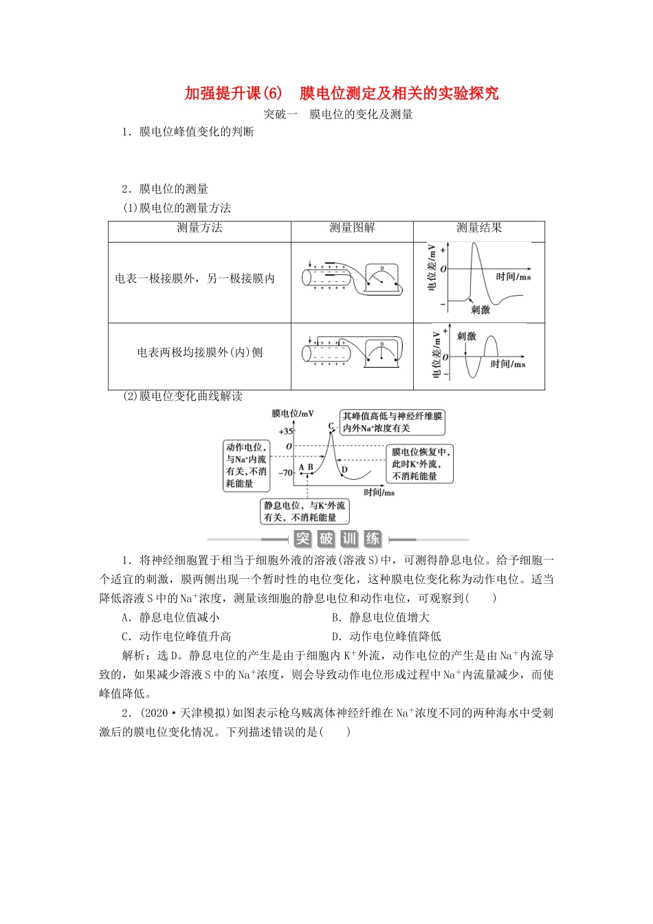 （选考）新高考生物一轮复习 加强提升课（6） 膜电位测定及相关的实验探究学案 新人教版-新人教版高三全册生物学案_第1页