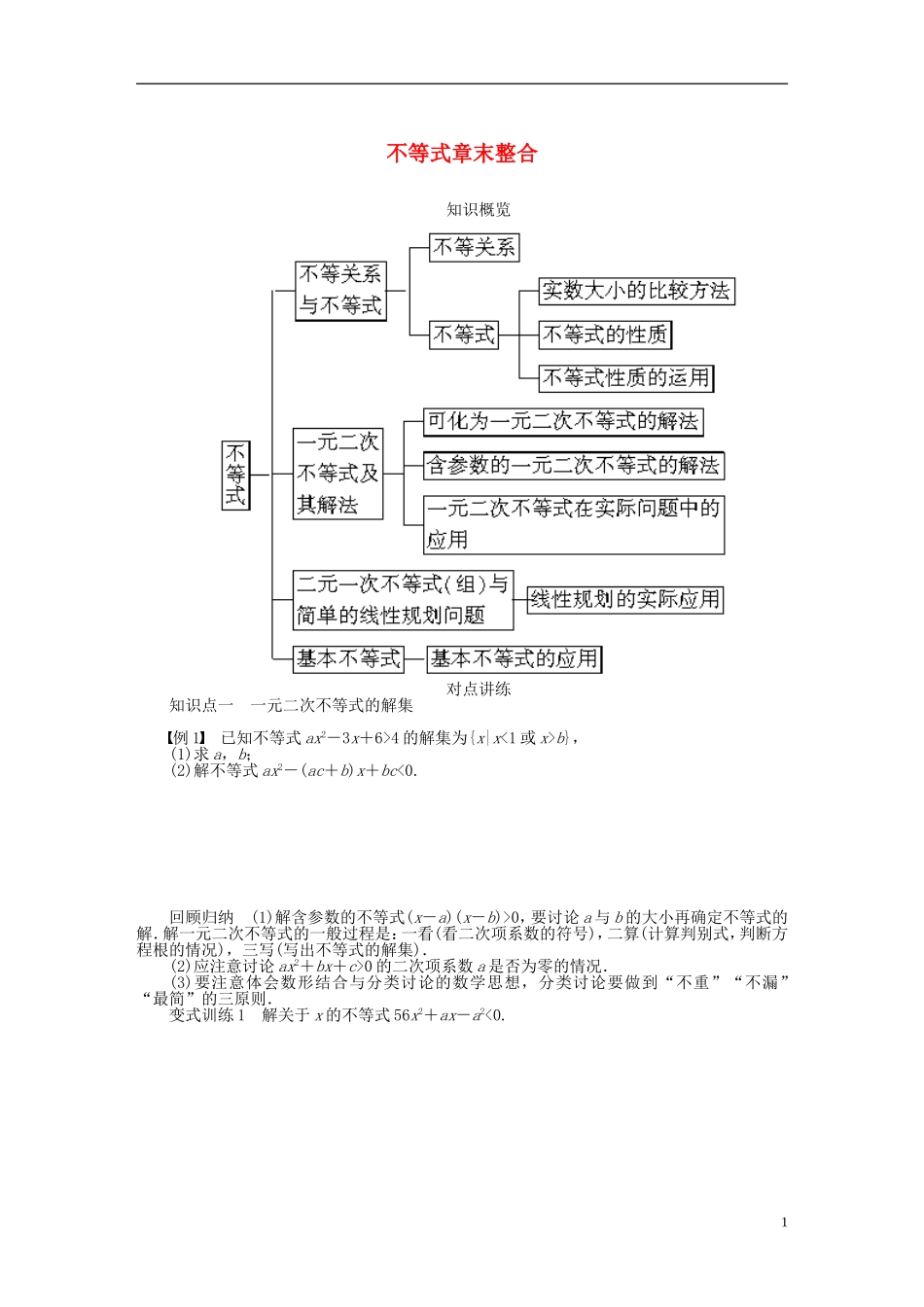 （课堂设计）2014-2015高中数学 第三章 不等式章末整合学案 新人教A版必修5_第1页