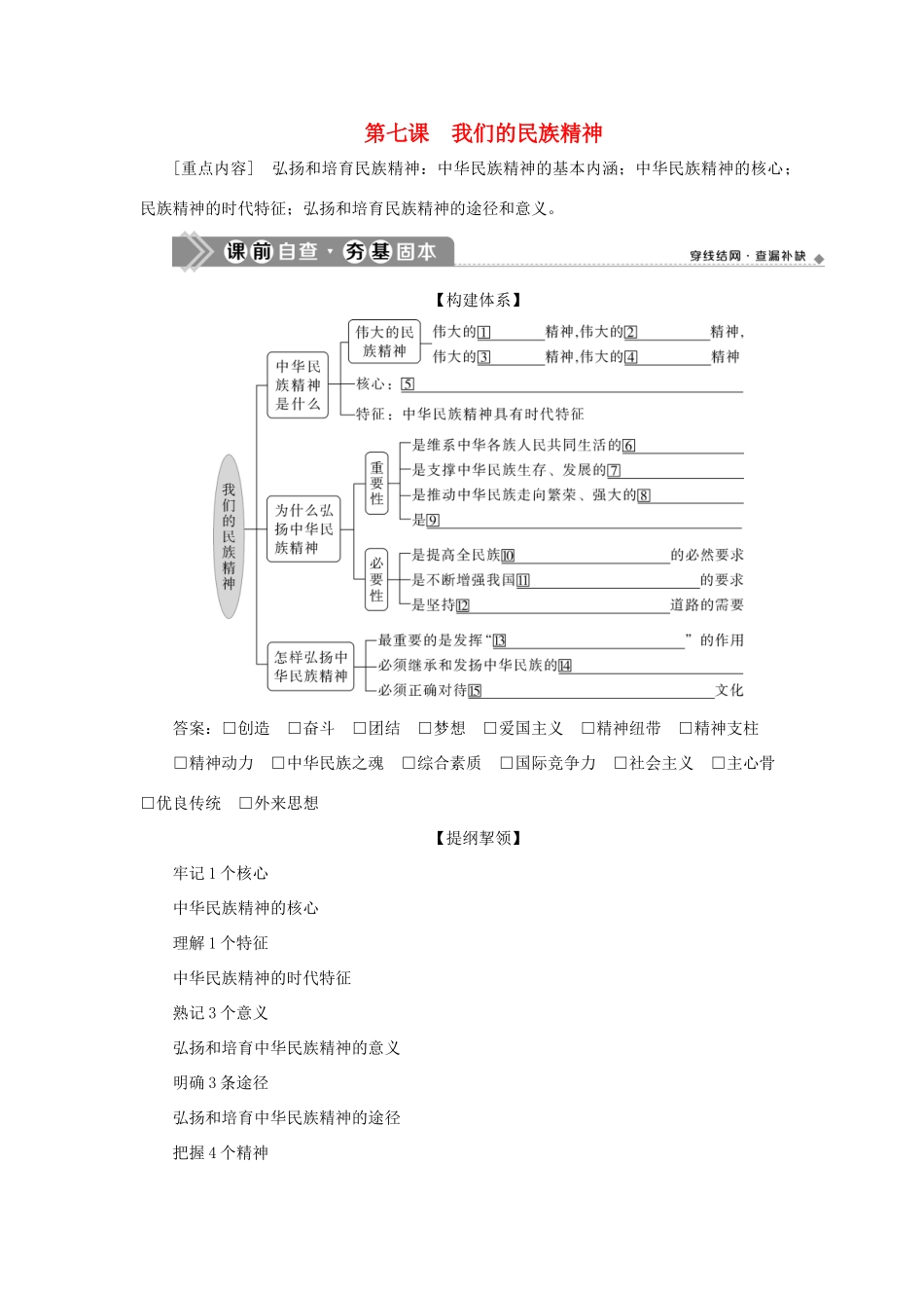 （选考）新高考政治一轮复习 文化生活 第三单元 中华文化与民族精神 2 第七课 我们的民族精神教学案-人教版高三全册政治教学案_第1页