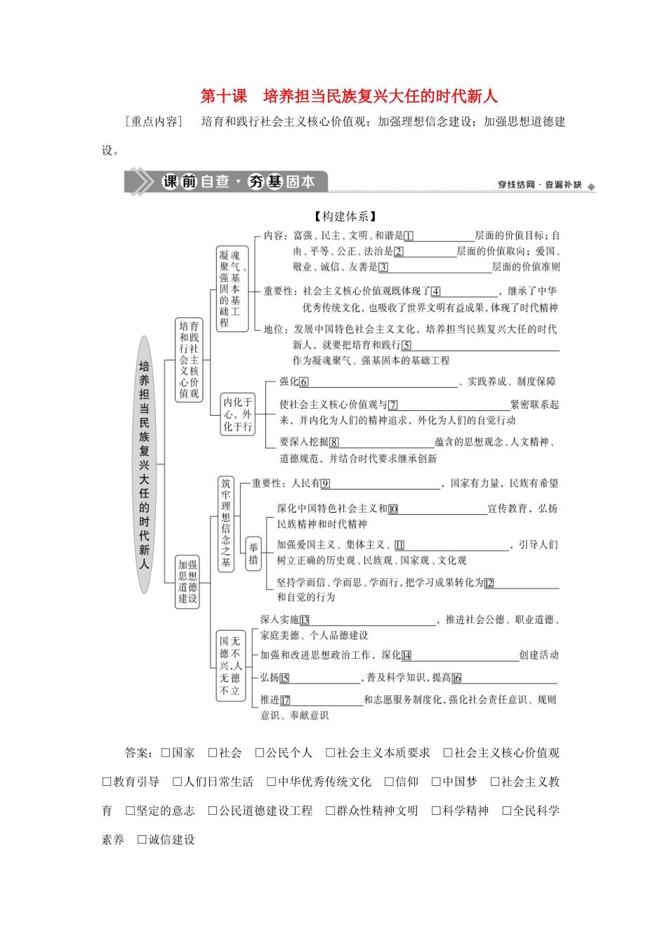 （选考）新高考政治一轮复习 文化生活 第四单元 发展中国特色社会主义文化 3 第十课 培养担当民族复兴大任的时代新人教学案-人教版高三全册政治教学案_第1页