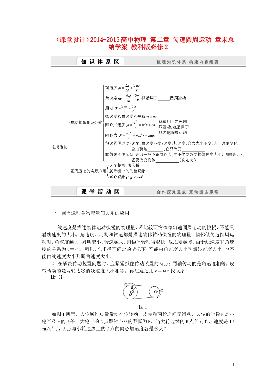 （课堂设计）2014-2015高中物理 第二章 匀速圆周运动 章末总结学案 教科版必修2_第1页