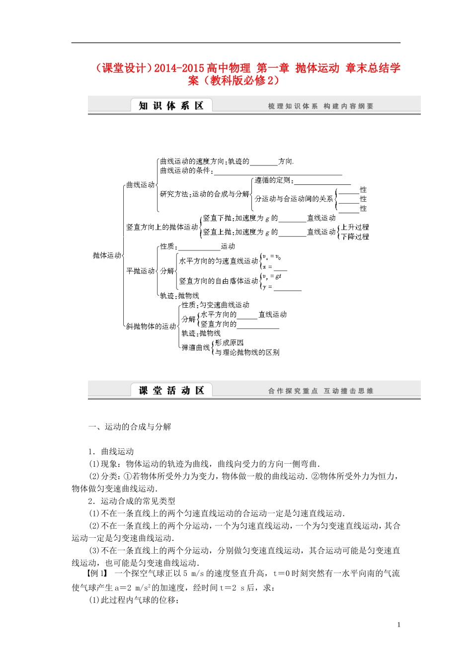 （课堂设计）2014-2015高中物理 第一章 抛体运动 章末总结学案 教科版必修2_第1页