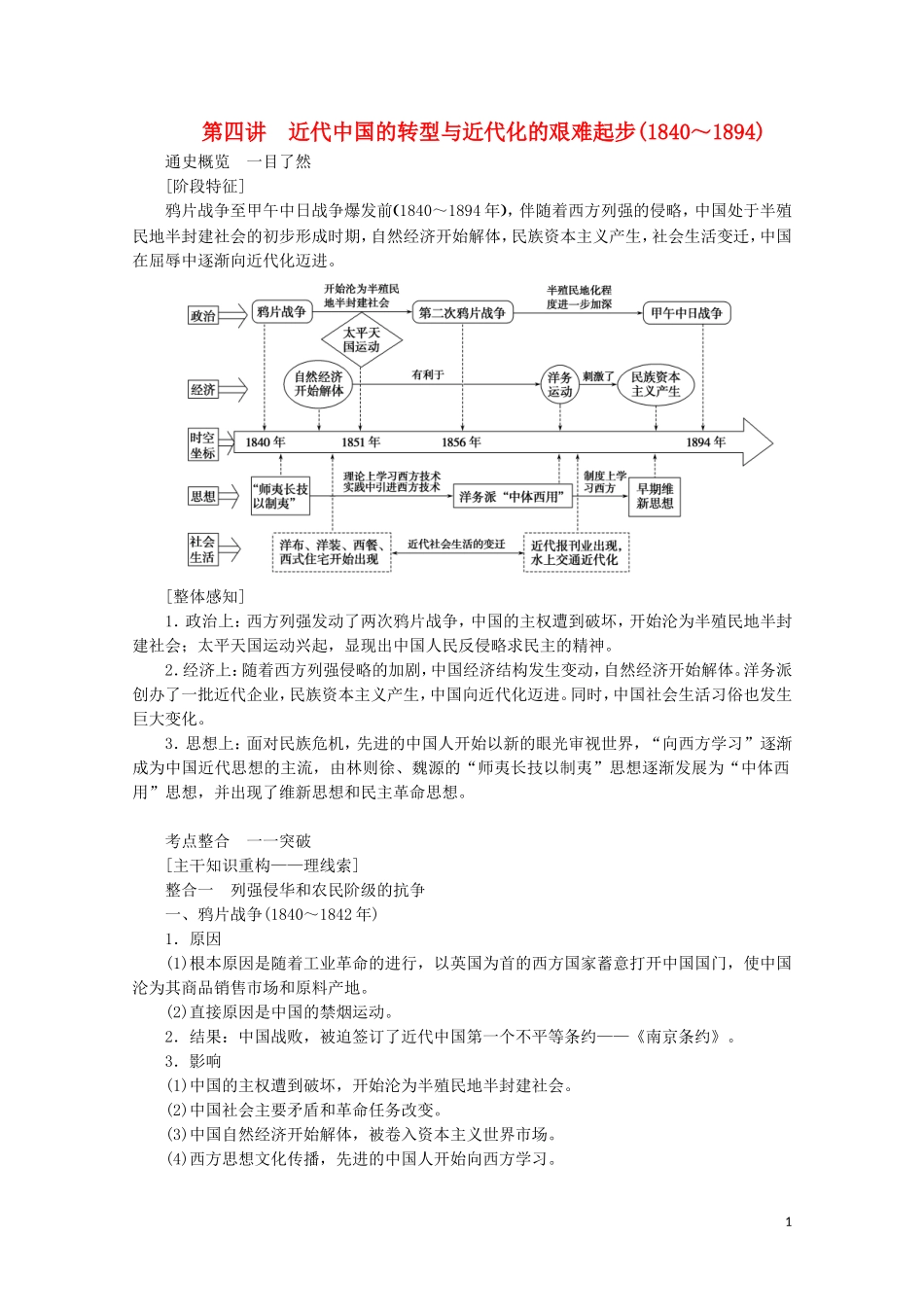 （通史版）高考历史大二轮复习 第四讲 近代中国的转型与近代化的艰难起步教学案-人教版高三全册历史教学案_第1页