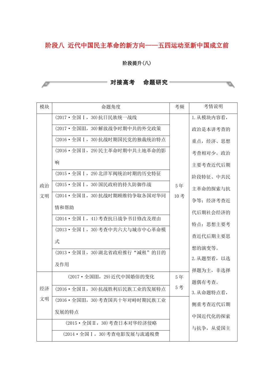 （通史版）高考历史大一轮复习 阶段八 近代中国民主革命的新方向——五四运动至新中国成立前阶段提升学案 岳麓版-岳麓版高三全册历史学案_第1页