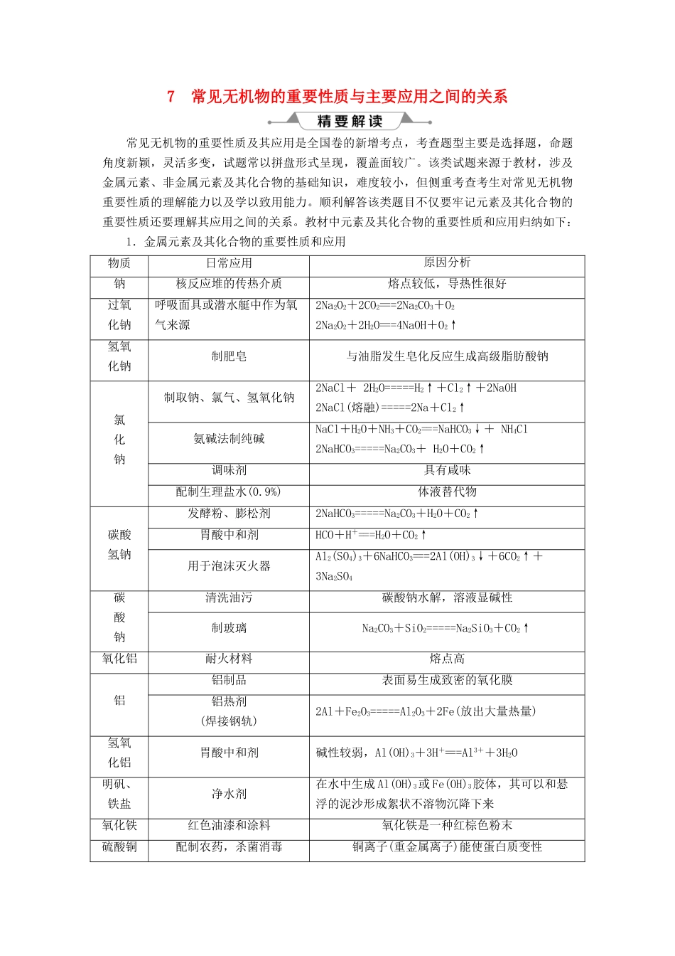 （通用版）高考化学一轮复习 第四章 非金属及其重要化合物 微专题强化突破7 常见无机物的重要性质与主要应用之间的关系学案 新人教版-新人教版高三全册化学学案_第1页