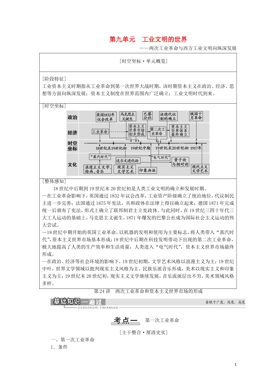 （通史版）高考历史一轮复习 第3部分 第9单元 工业文明的世界 第24讲 两次工业革命和资本主义世界市场的形成教学案-人教版高三全册历史教学案_第1页