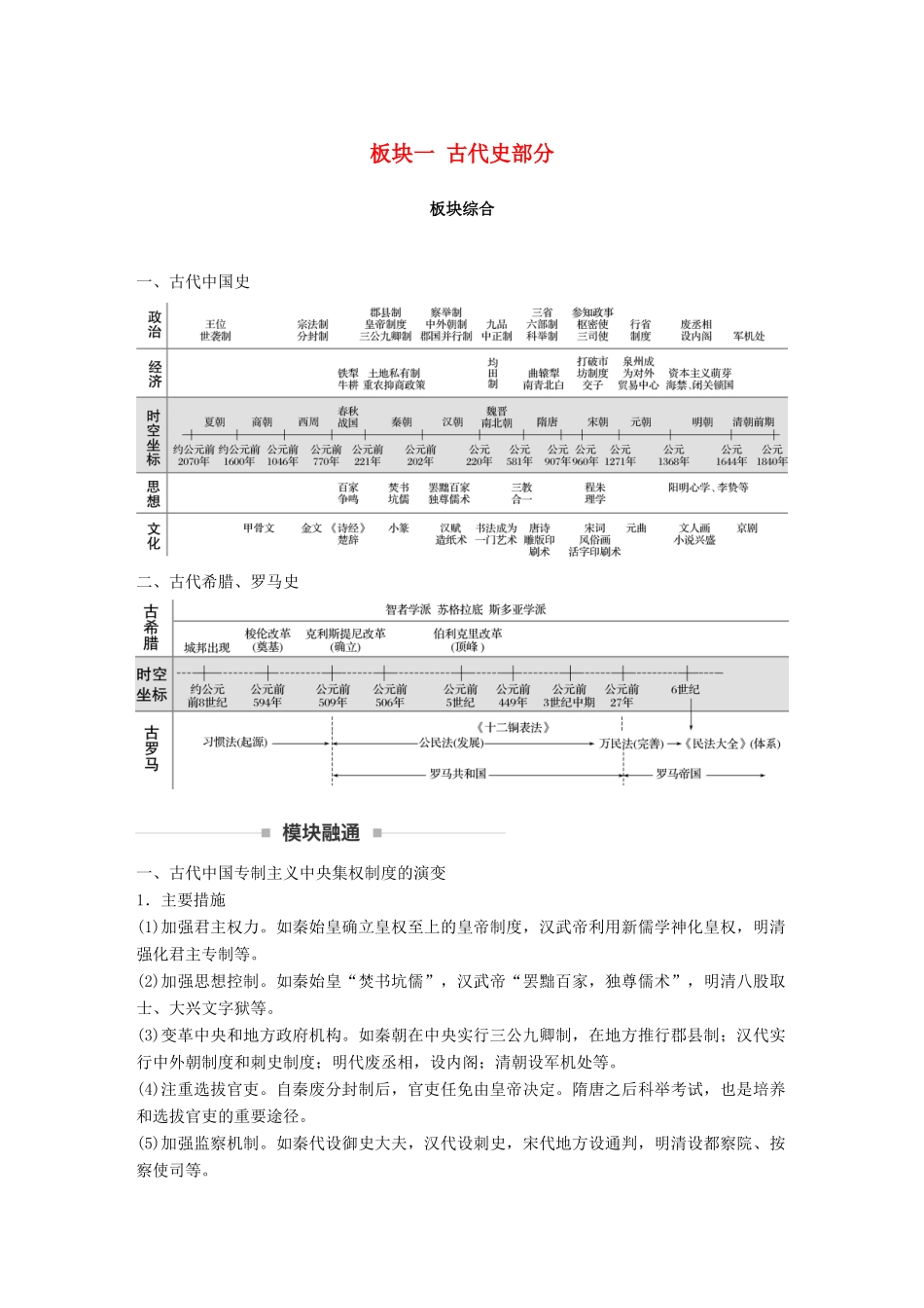 （通用版）高考历史二轮复习与增分策略 板块一 古代史部分板块综合学案-人教版高三全册历史学案_第1页