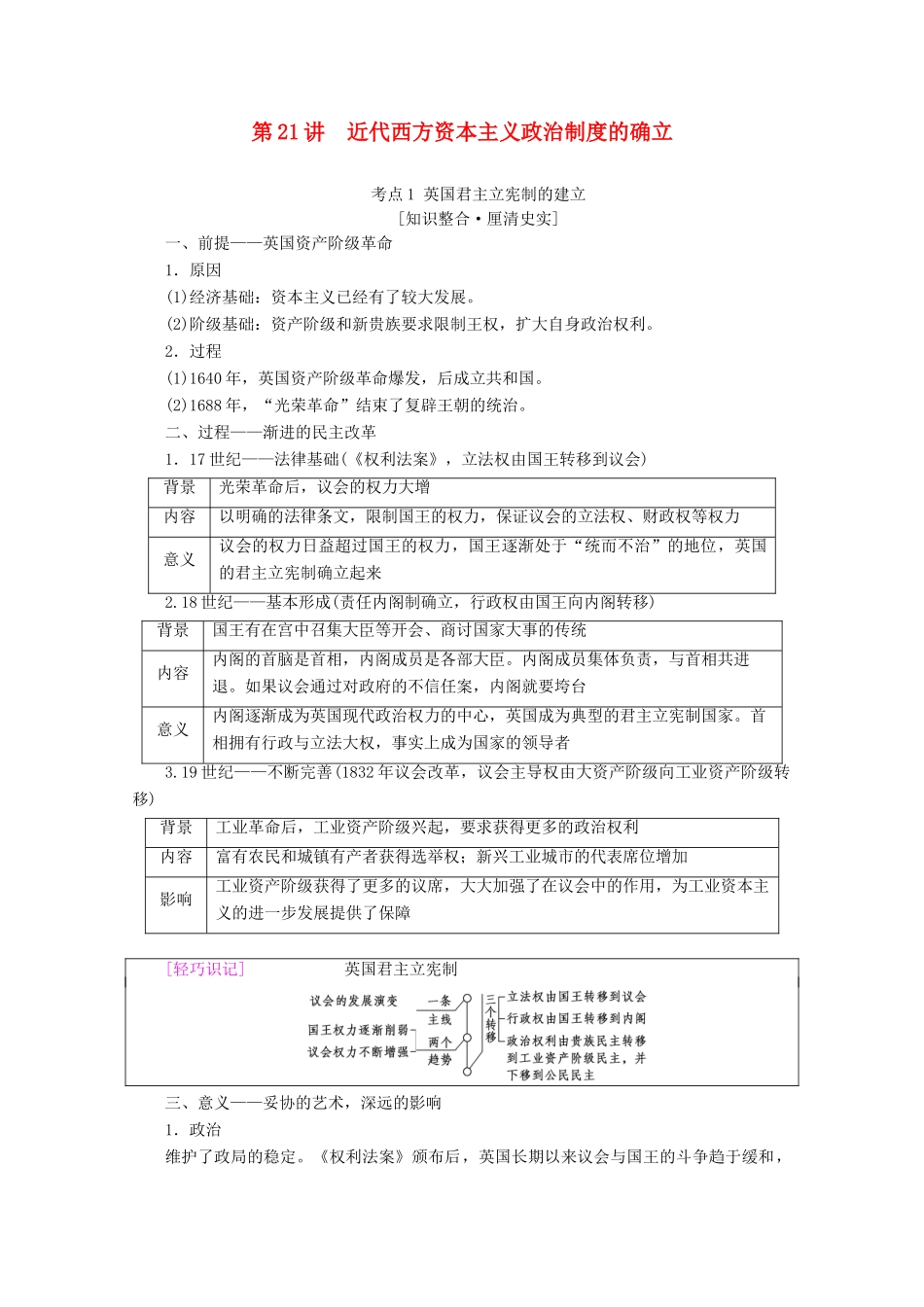（通史版）高考历史一轮复习 第3部分 第七单元 工业革命前的世界 第21讲 近代西方资本主义政治制度的确立教学案（含解析）新人教版-新人教版高三全册历史教学案_第1页