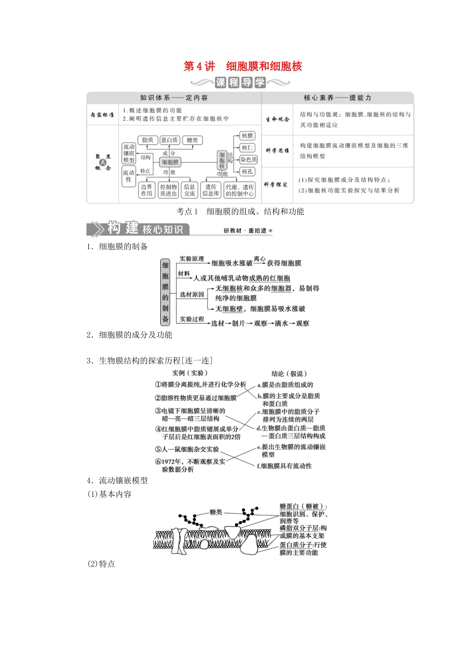 （选考）新高考生物一轮复习 第二单元 细胞的结构和物质运输 第4讲 细胞膜和细胞核学案 新人教版-新人教版高三全册生物学案_第1页