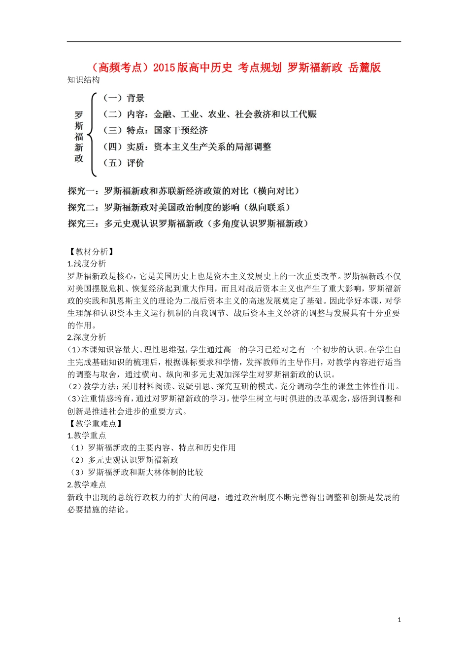 （高频考点）2015版高中历史 考点规划 罗斯福新政 岳麓版_第1页