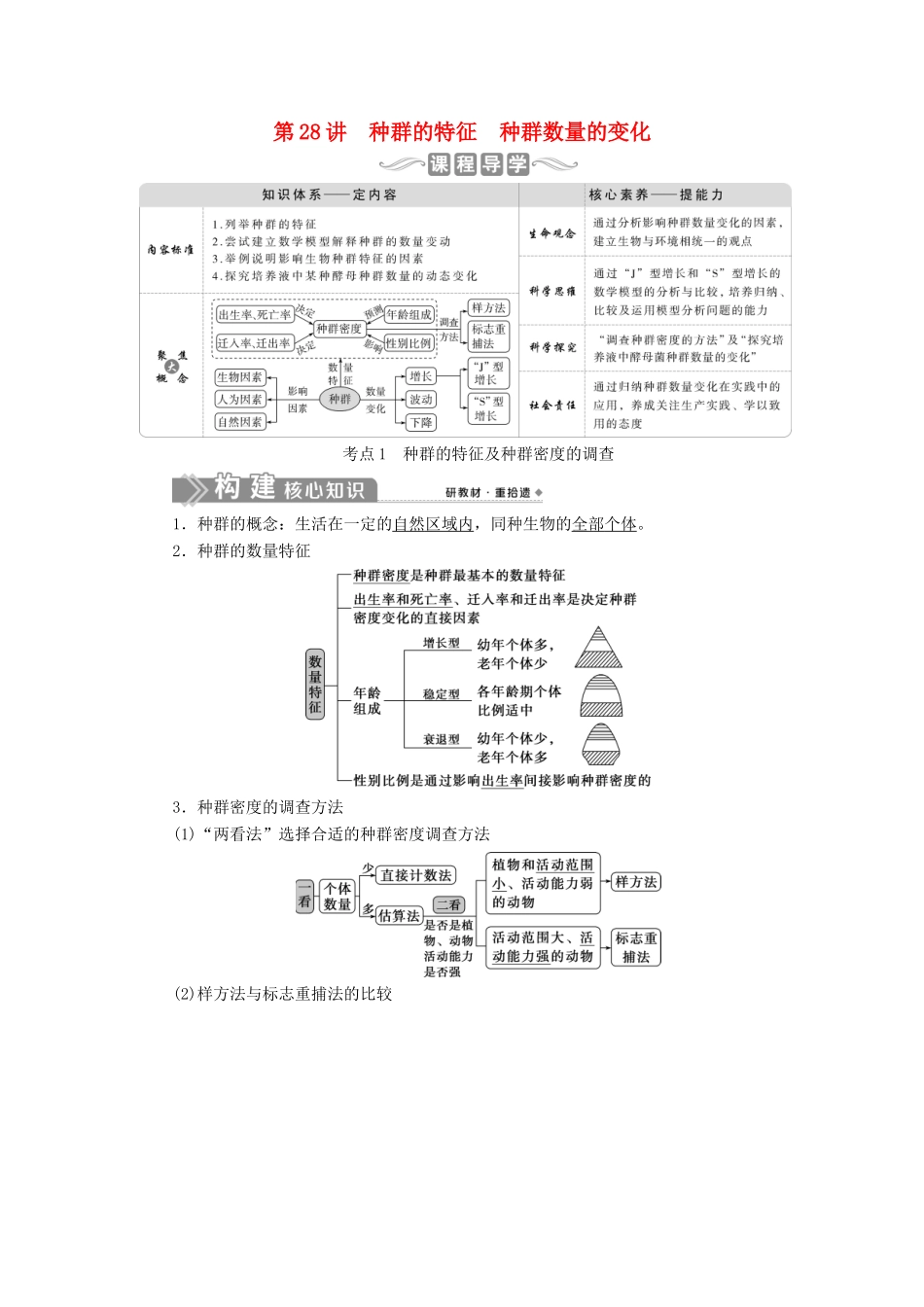（选考）新高考生物一轮复习 第九单元 生物与环境 第28讲 种群的特征 种群数量的变化学案 新人教版-新人教版高三全册生物学案_第1页