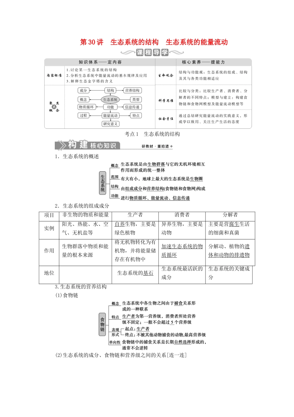 （选考）新高考生物一轮复习 第九单元 生物与环境 第30讲 生态系统的结构 生态系统的能量流动学案 新人教版-新人教版高三全册生物学案_第1页