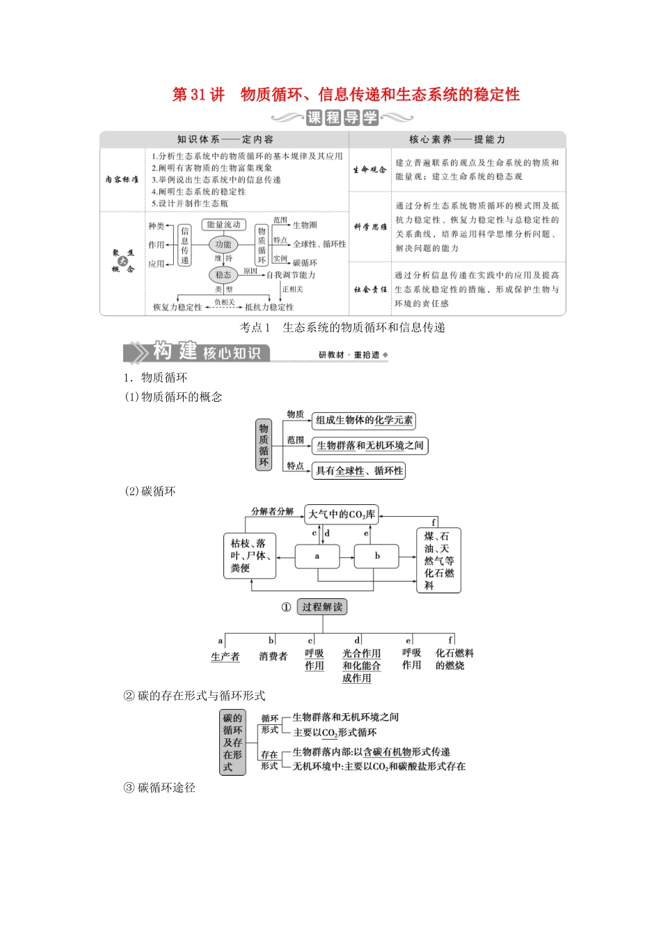 （选考）新高考生物一轮复习 第九单元 生物与环境 第31讲 物质循环、信息传递和生态系统的稳定性学案 新人教版-新人教版高三全册生物学案_第1页