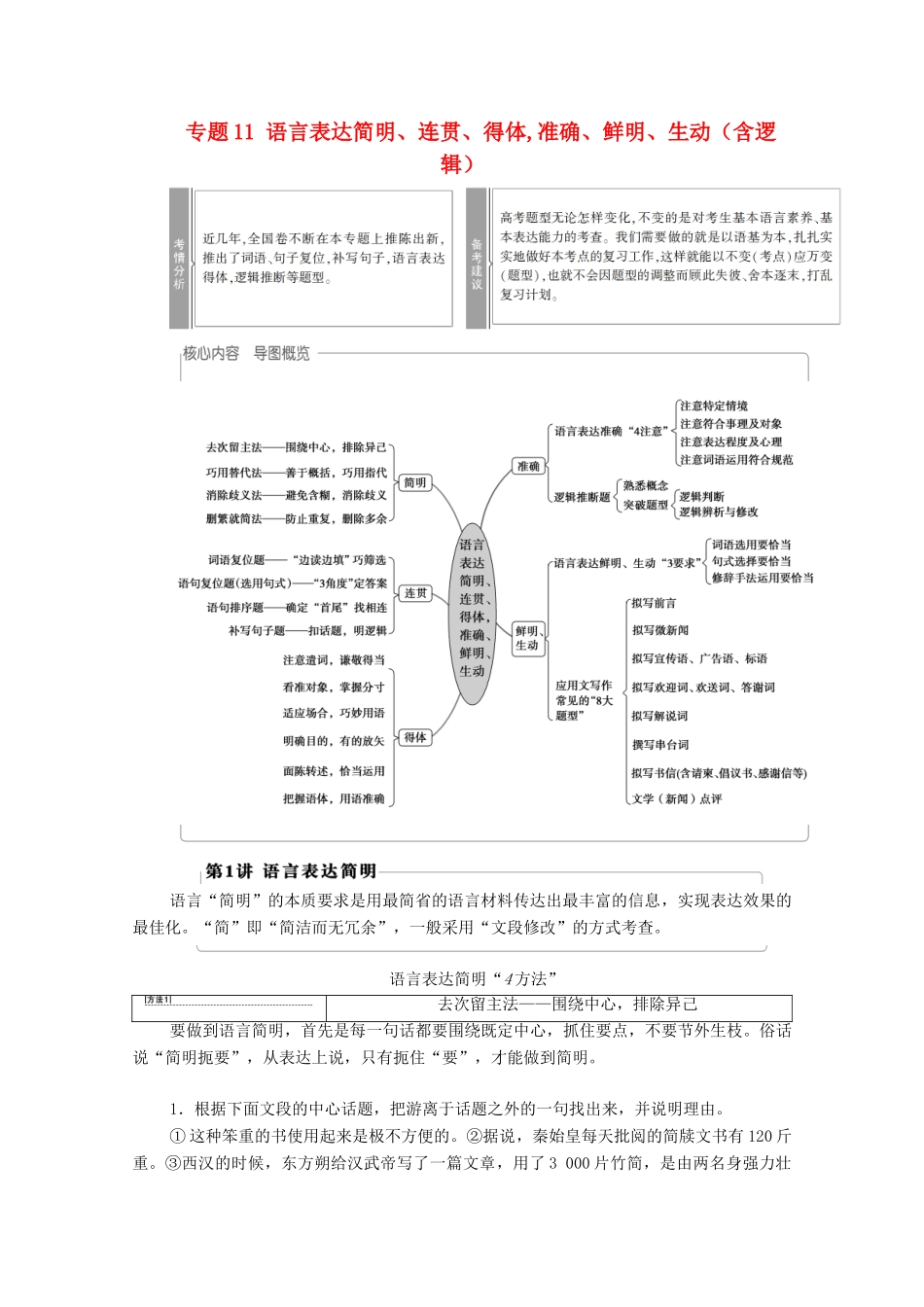 （通用版）新高考语文一轮复习 第3部分 专题11 语言表达简明、连贯、得体,准确、鲜明、生动（含逻辑） 第1讲 语言表达简明教学案-人教版高三全册语文教学案_第1页