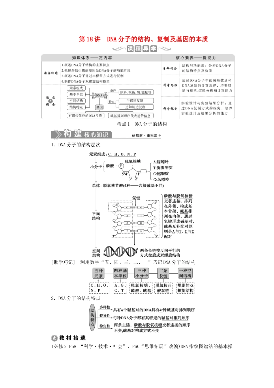 （选考）新高考生物一轮复习 第六单元 遗传的物质基础 第18讲 DNA分子的结构、复制及基因的本质学案 新人教版-新人教版高三全册生物学案_第1页