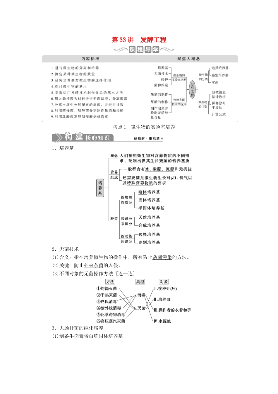 （选考）新高考生物一轮复习 第十单元 生物技术与工程 第33讲 发酵工程学案 新人教版-新人教版高三全册生物学案_第1页