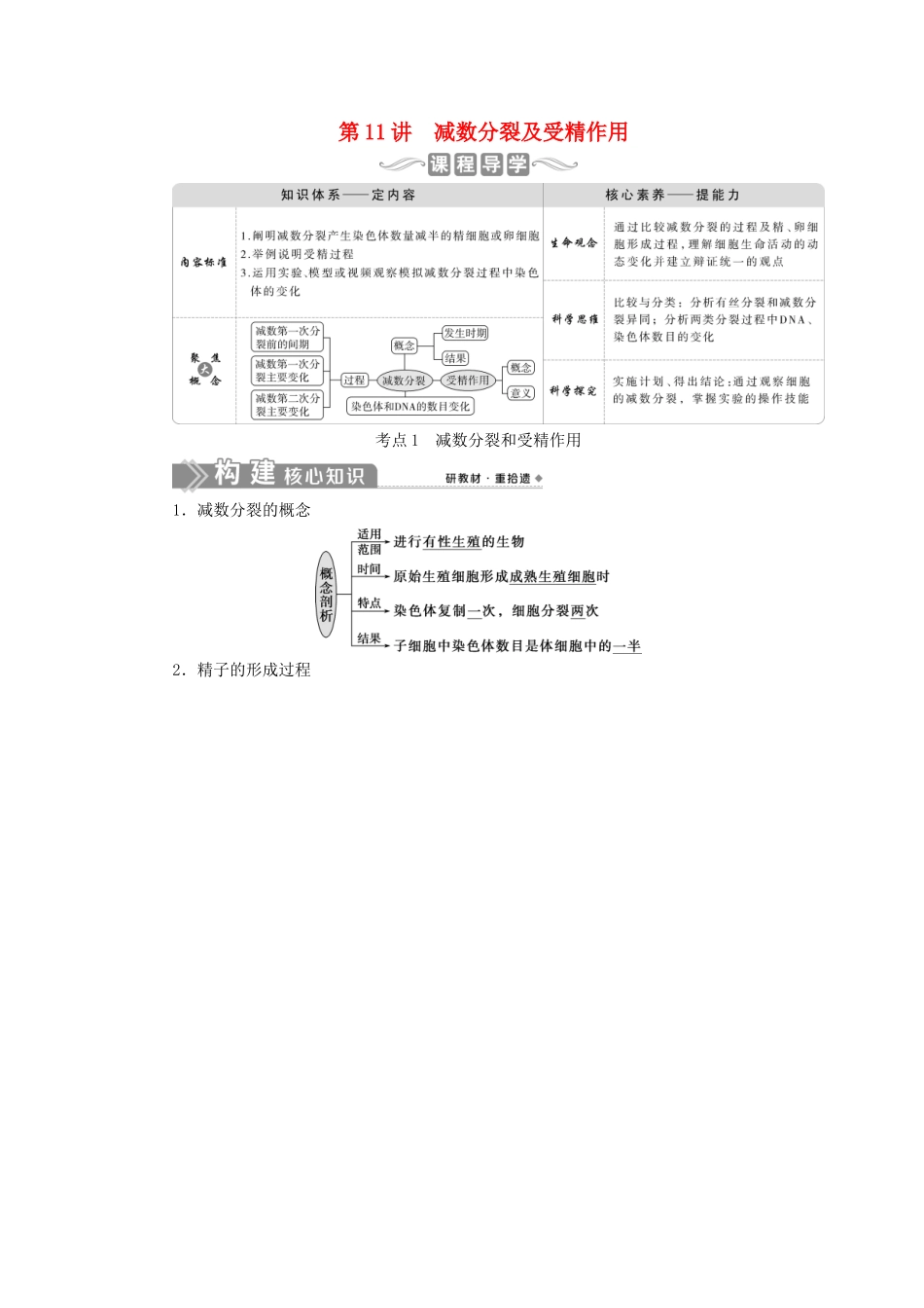 （选考）新高考生物一轮复习 第四单元 细胞的生命历程 第11讲 减数分裂及受精作用学案 新人教版-新人教版高三全册生物学案_第1页