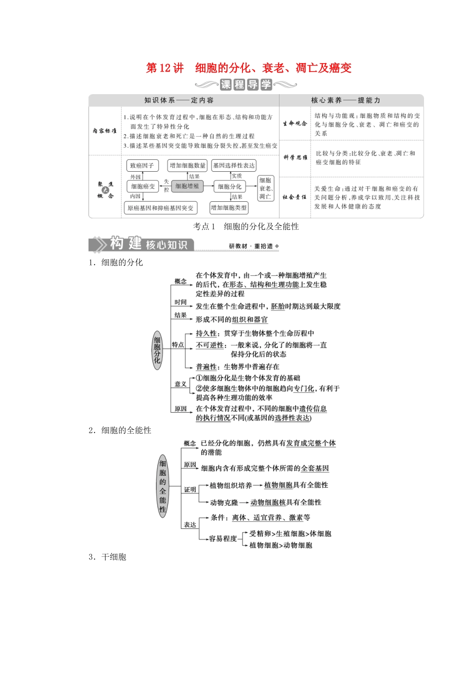（选考）新高考生物一轮复习 第四单元 细胞的生命历程 第12讲 细胞的分化、衰老、凋亡及癌变学案 新人教版-新人教版高三全册生物学案_第1页
