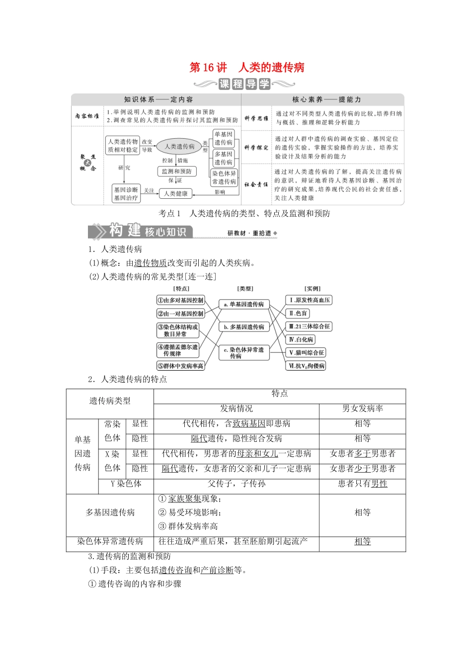 （选考）新高考生物一轮复习 第五单元 遗传的基本规律和伴性遗传 第16讲 人类的遗传病学案 新人教版-新人教版高三全册生物学案_第1页