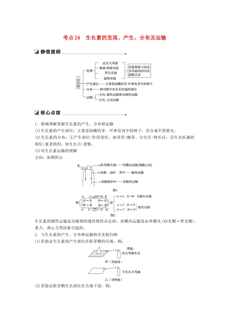 （通用版）高考生物二轮复习 专题八 植物的激素调节 考点24 生长素的发现、产生、分布及运输学案-人教版高三全册生物学案_第1页