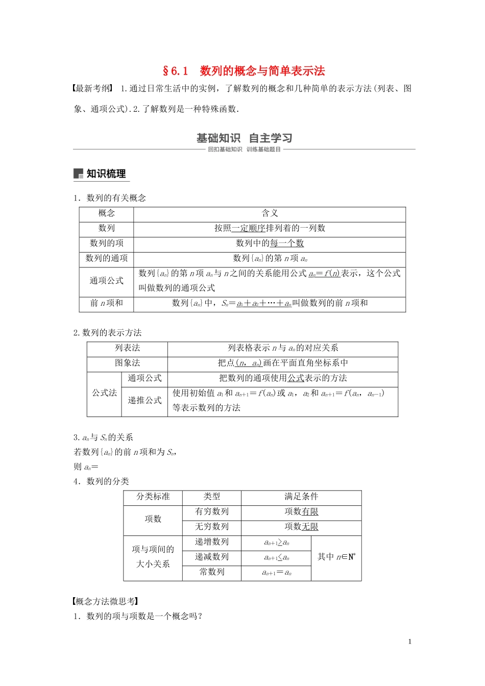 （鲁京津琼专用）高考数学大一轮复习 第六章 数列 6.1 数列的概念与简单表示法教案（含解析）-人教版高三全册数学教案_第1页