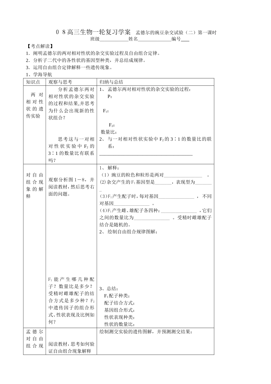 ０８高三生物一轮复习学案孟德尔的豌豆杂交试验二_第1页