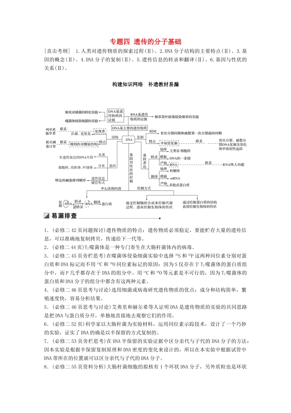 （通用版）高考生物二轮复习 专题四 遗传的分子基础 构建知识网络 补遗教材易漏学案-人教版高三全册生物学案_第1页